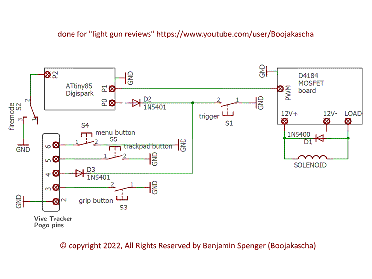 Schematic diagram of a circuit which uses an Atmel ATtiny85 based Digispark board which switches a decoupled D4184 MOSFET board to control the 12 V solenoid of a VR gun controller.