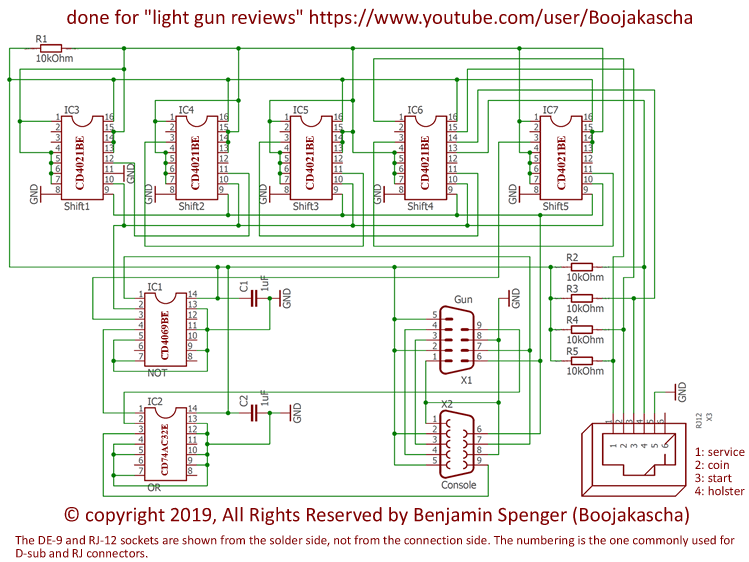 Schematic diagram of a circuit which allows the usage of a 3DO GameGun for the American Laser Games arcade games.